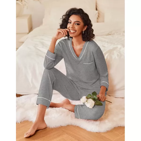 imageEkouaer Womens Pajamas Sets 2 piece PJs V Neck Long Sleeve Sleepwear Comfy Pants Loungewear with PocketMedium Grey