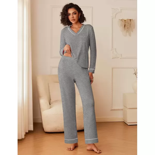 imageEkouaer Womens Pajamas Sets 2 piece PJs V Neck Long Sleeve Sleepwear Comfy Pants Loungewear with PocketMedium Grey