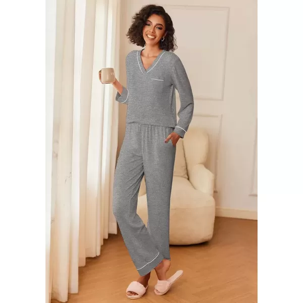 imageEkouaer Womens Pajamas Sets 2 piece PJs V Neck Long Sleeve Sleepwear Comfy Pants Loungewear with PocketMedium Grey