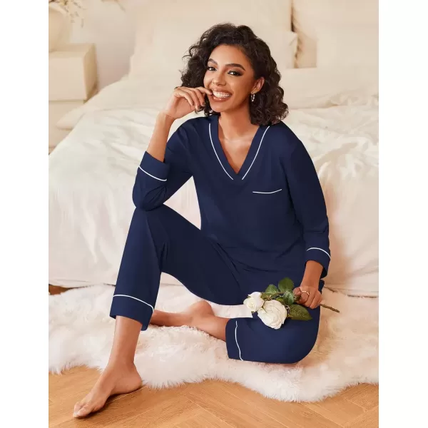 imageEkouaer Womens Pajamas Sets 2 piece PJs V Neck Long Sleeve Sleepwear Comfy Pants Loungewear with PocketNavy Blue