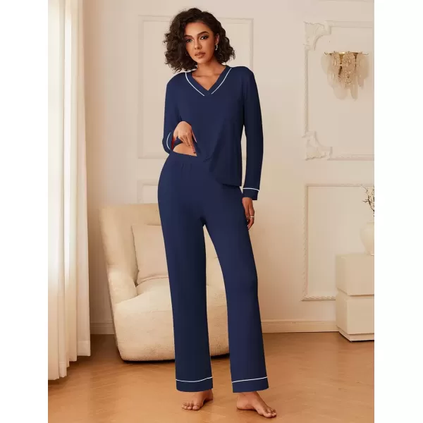 imageEkouaer Womens Pajamas Sets 2 piece PJs V Neck Long Sleeve Sleepwear Comfy Pants Loungewear with PocketNavy Blue