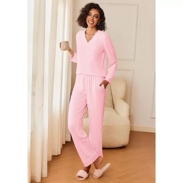 imageEkouaer Womens Pajamas Sets 2 piece PJs V Neck Long Sleeve Sleepwear Comfy Pants Loungewear with PocketPink