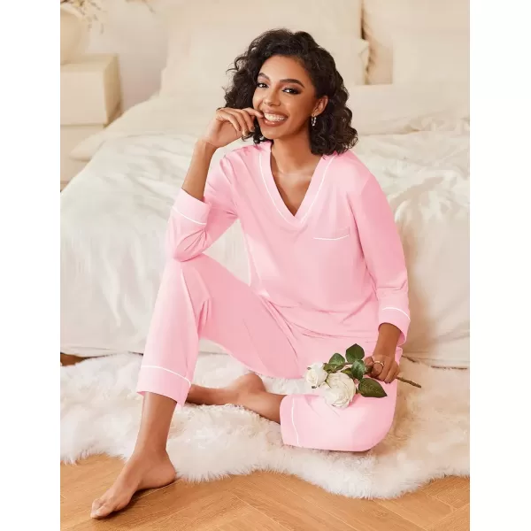 imageEkouaer Womens Pajamas Sets 2 piece PJs V Neck Long Sleeve Sleepwear Comfy Pants Loungewear with PocketPink