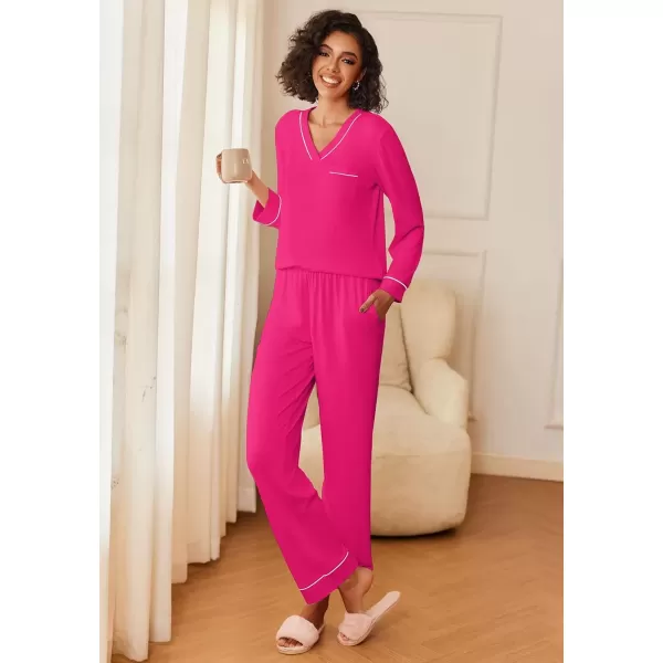 imageEkouaer Womens Pajamas Sets 2 piece PJs V Neck Long Sleeve Sleepwear Comfy Pants Loungewear with PocketRose Red