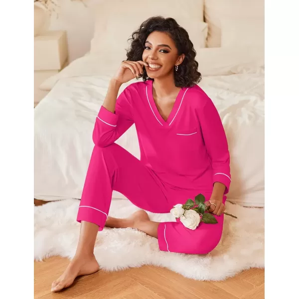 imageEkouaer Womens Pajamas Sets 2 piece PJs V Neck Long Sleeve Sleepwear Comfy Pants Loungewear with PocketRose Red