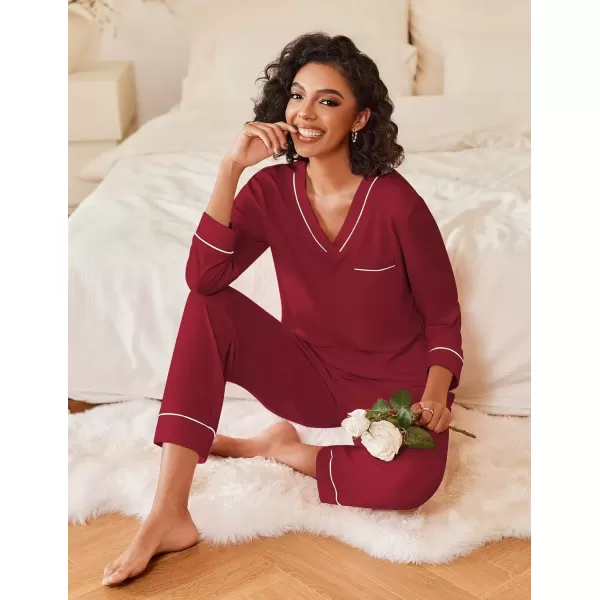 imageEkouaer Womens Pajamas Sets 2 piece PJs V Neck Long Sleeve Sleepwear Comfy Pants Loungewear with PocketWine Red