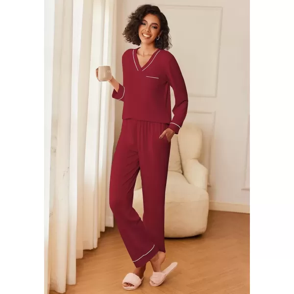 imageEkouaer Womens Pajamas Sets 2 piece PJs V Neck Long Sleeve Sleepwear Comfy Pants Loungewear with PocketWine Red