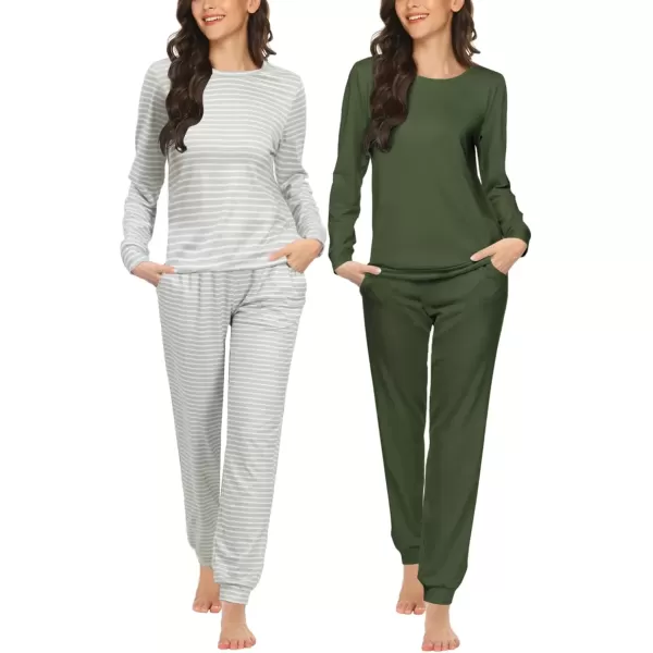 imageEkouaer 2 Pack Womens Pajama Set Long Sleeve Top With Jogger Pants Lounge Sets Sleepwear Loungewear with PocketsArmy GreenGrey Stripes