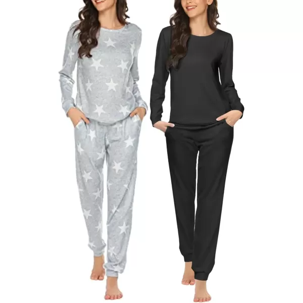 imageEkouaer 2 Pack Womens Pajama Set Long Sleeve Top With Jogger Pants Lounge Sets Sleepwear Loungewear with PocketsBlackGrey Star Print