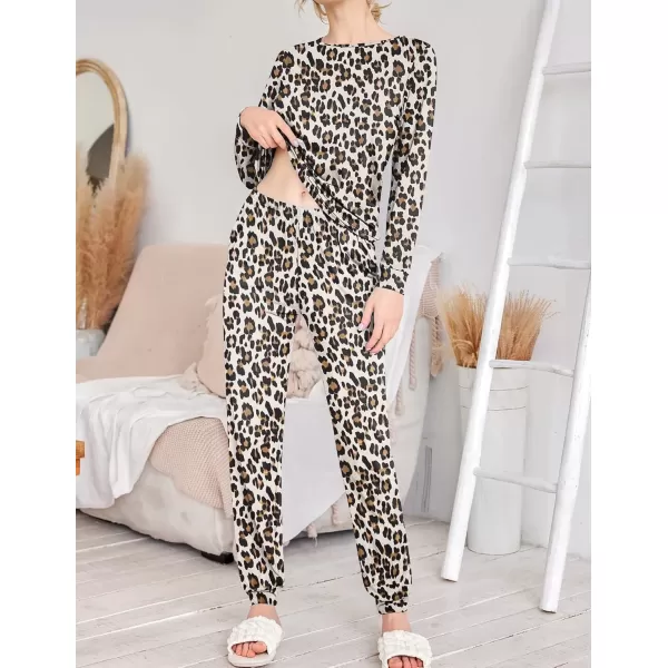 imageEkouaer 2 Pack Womens Pajama Set Long Sleeve Top With Jogger Pants Lounge Sets Sleepwear Loungewear with PocketsBlackbrown Leopard Print