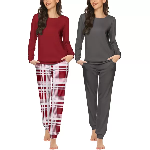 imageEkouaer 2 Pack Womens Pajama Set Long Sleeve Top With Jogger Pants Lounge Sets Sleepwear Loungewear with PocketsBlackred White Plaid