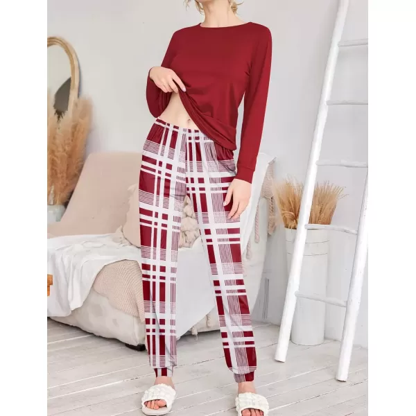 imageEkouaer 2 Pack Womens Pajama Set Long Sleeve Top With Jogger Pants Lounge Sets Sleepwear Loungewear with PocketsBlackred White Plaid