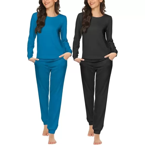 imageEkouaer 2 Pack Womens Pajama Set Long Sleeve Top With Jogger Pants Lounge Sets Sleepwear Loungewear with PocketsBlackturquoise