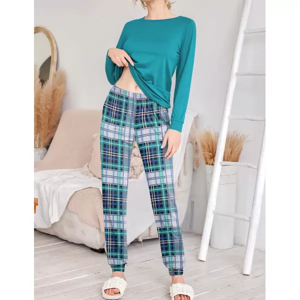 imageEkouaer 2 Pack Womens Pajama Set Long Sleeve Top With Jogger Pants Lounge Sets Sleepwear Loungewear with PocketsBlackturquoise Plaid