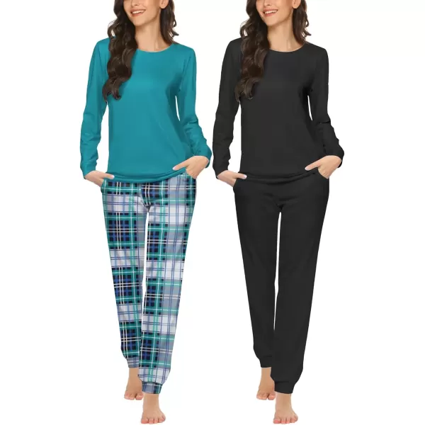 imageEkouaer 2 Pack Womens Pajama Set Long Sleeve Top With Jogger Pants Lounge Sets Sleepwear Loungewear with PocketsBlackturquoise Plaid