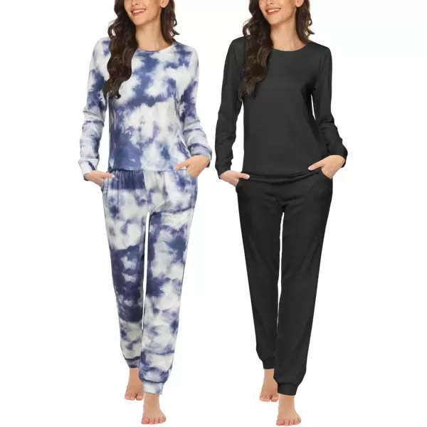 imageEkouaer 2 Pack Womens Pajama Set Long Sleeve Top With Jogger Pants Lounge Sets Sleepwear Loungewear with PocketsBlue Tie DyeBlack