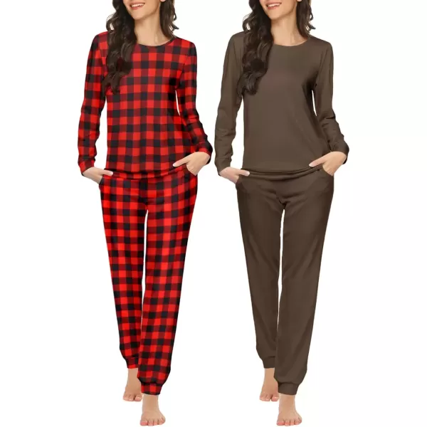 imageEkouaer 2 Pack Womens Pajama Set Long Sleeve Top With Jogger Pants Lounge Sets Sleepwear Loungewear with PocketsBrownRed Plaid