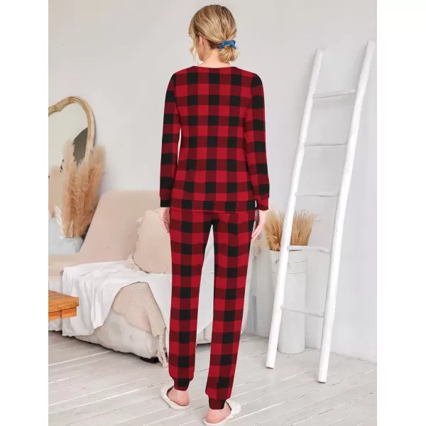 imageEkouaer 2 Pack Womens Pajama Set Long Sleeve Top With Jogger Pants Lounge Sets Sleepwear Loungewear with PocketsBrownRed Plaid