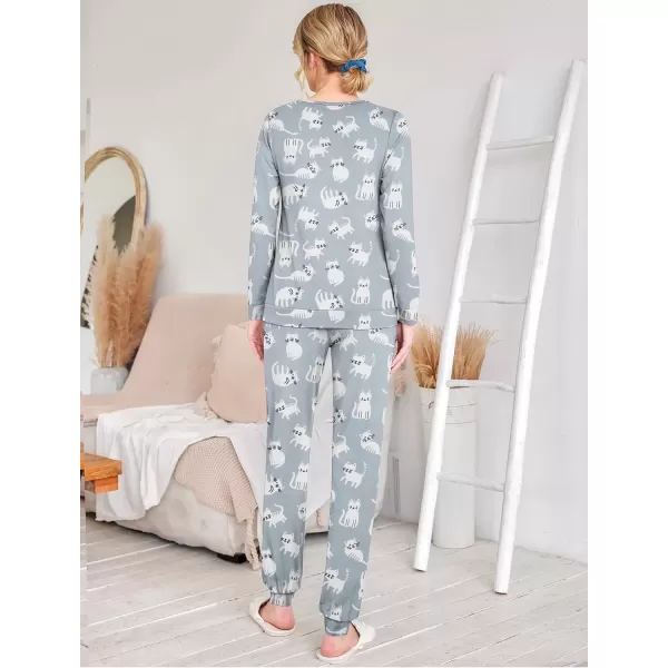 imageEkouaer 2 Pack Womens Pajama Set Long Sleeve Top With Jogger Pants Lounge Sets Sleepwear Loungewear with PocketsGrey Cartoon Printpink Heart