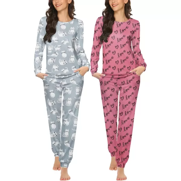 imageEkouaer 2 Pack Womens Pajama Set Long Sleeve Top With Jogger Pants Lounge Sets Sleepwear Loungewear with PocketsGrey Cartoon Printpink Heart