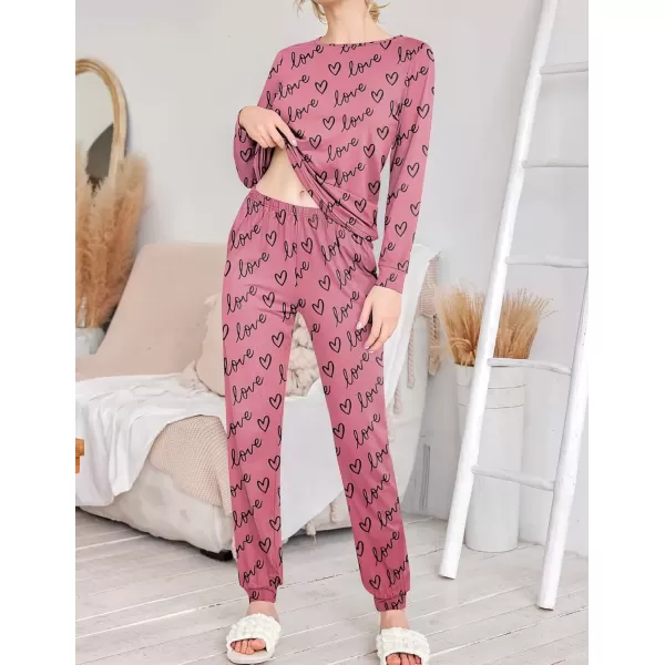 imageEkouaer 2 Pack Womens Pajama Set Long Sleeve Top With Jogger Pants Lounge Sets Sleepwear Loungewear with PocketsGrey Cartoon Printpink Heart