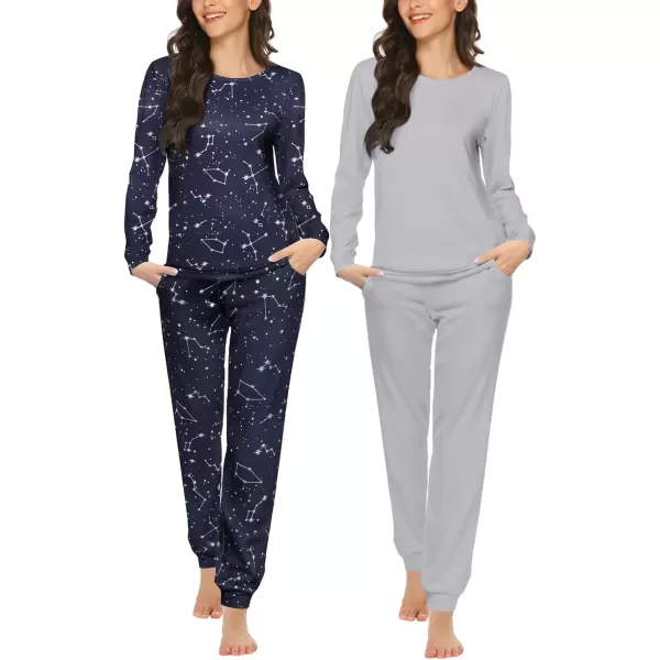 imageEkouaer 2 Pack Womens Pajama Set Long Sleeve Top With Jogger Pants Lounge Sets Sleepwear Loungewear with PocketsGreyStar