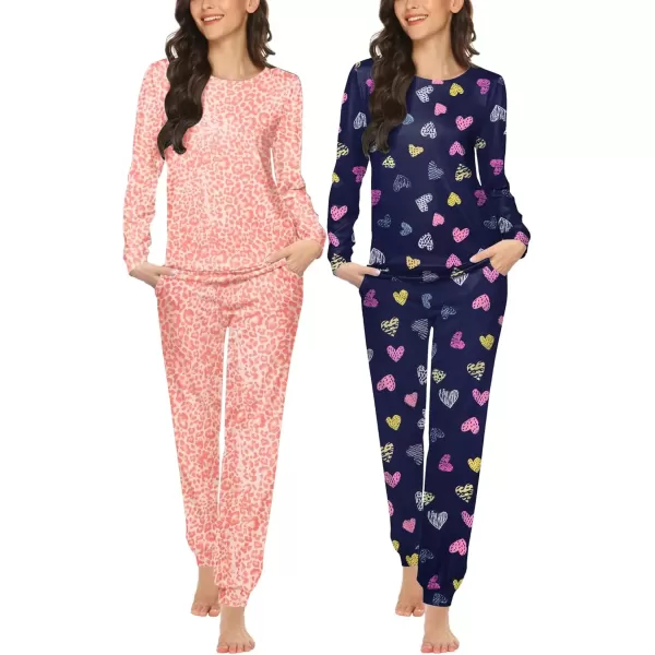 imageEkouaer 2 Pack Womens Pajama Set Long Sleeve Top With Jogger Pants Lounge Sets Sleepwear Loungewear with PocketsNavy Blue Love Printpink Leopard Print