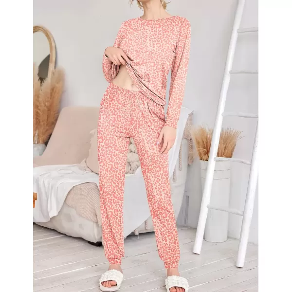 imageEkouaer 2 Pack Womens Pajama Set Long Sleeve Top With Jogger Pants Lounge Sets Sleepwear Loungewear with PocketsNavy Blue Love Printpink Leopard Print