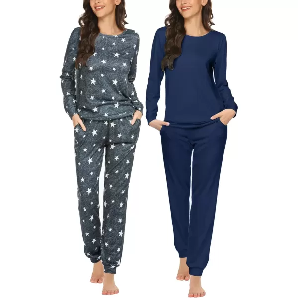 imageEkouaer 2 Pack Womens Pajama Set Long Sleeve Top With Jogger Pants Lounge Sets Sleepwear Loungewear with PocketsNavyGrey Star