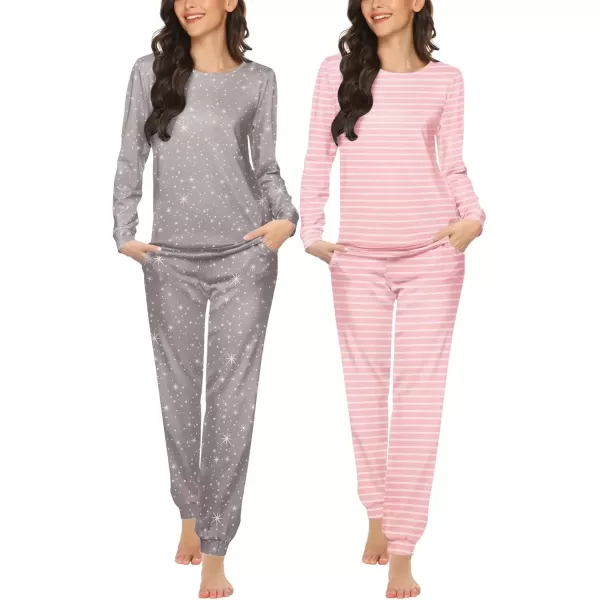 imageEkouaer 2 Pack Womens Pajama Set Long Sleeve Top With Jogger Pants Lounge Sets Sleepwear Loungewear with PocketsPink White Stripesgrey White Star