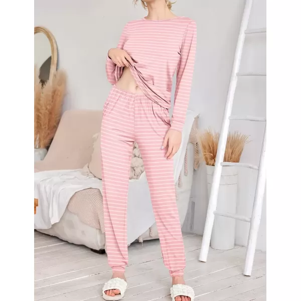 imageEkouaer 2 Pack Womens Pajama Set Long Sleeve Top With Jogger Pants Lounge Sets Sleepwear Loungewear with PocketsPink White Stripesgrey White Star