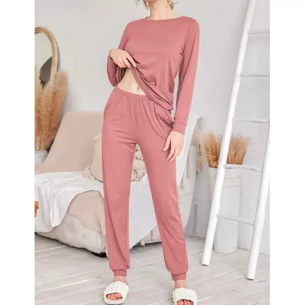 imageEkouaer 2 Pack Womens Pajama Set Long Sleeve Top With Jogger Pants Lounge Sets Sleepwear Loungewear with PocketsPinkGrey