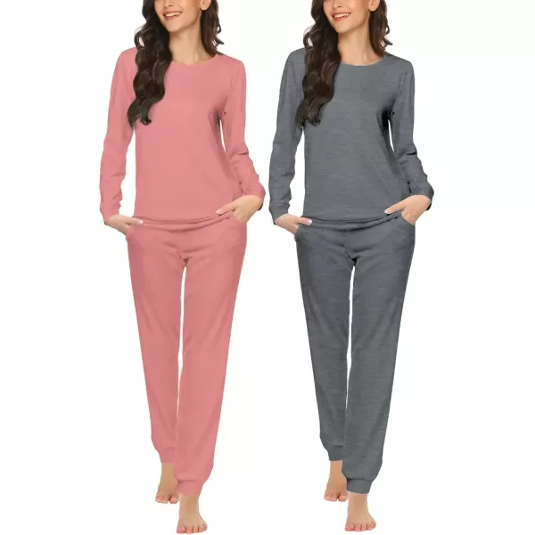 imageEkouaer 2 Pack Womens Pajama Set Long Sleeve Top With Jogger Pants Lounge Sets Sleepwear Loungewear with PocketsPinkGrey