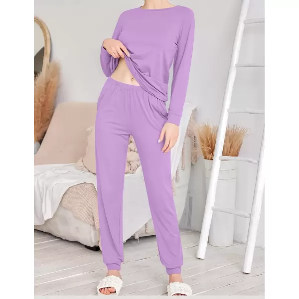 imageEkouaer 2 Pack Womens Pajama Set Long Sleeve Top With Jogger Pants Lounge Sets Sleepwear Loungewear with PocketsPurpleBlack Plaid