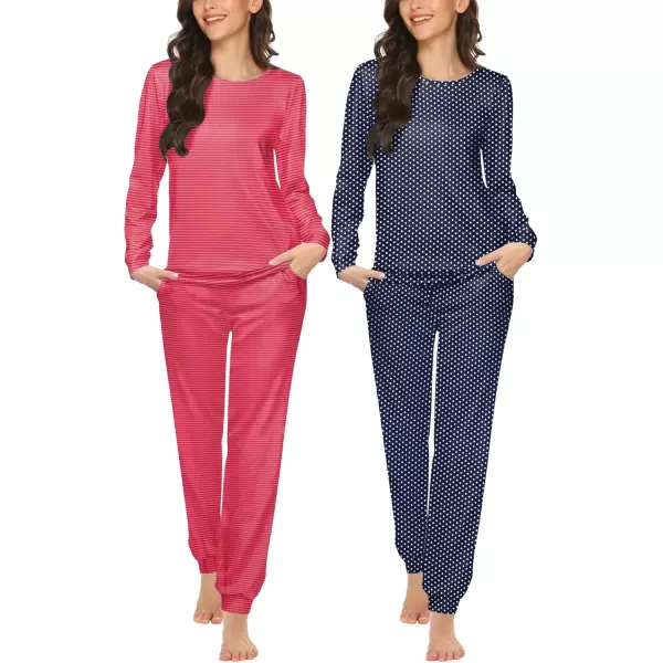 imageEkouaer 2 Pack Womens Pajama Set Long Sleeve Top With Jogger Pants Lounge Sets Sleepwear Loungewear with PocketsRed White Stripesblue White Dot