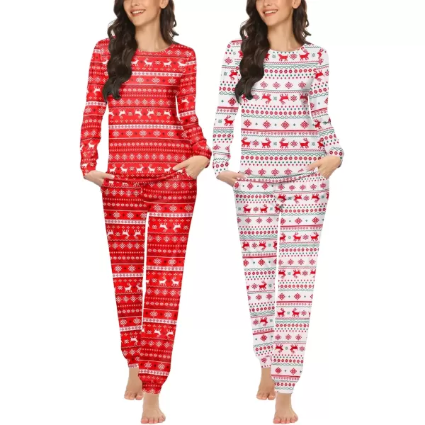 imageEkouaer 2 Pack Womens Pajama Set Long Sleeve Top With Jogger Pants Lounge Sets Sleepwear Loungewear with PocketsWhite Christmas Printred Christmas Print