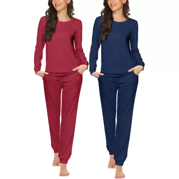 imageEkouaer 2 Pack Womens Pajama Set Long Sleeve Top With Jogger Pants Lounge Sets Sleepwear Loungewear with PocketsWine RedNavy