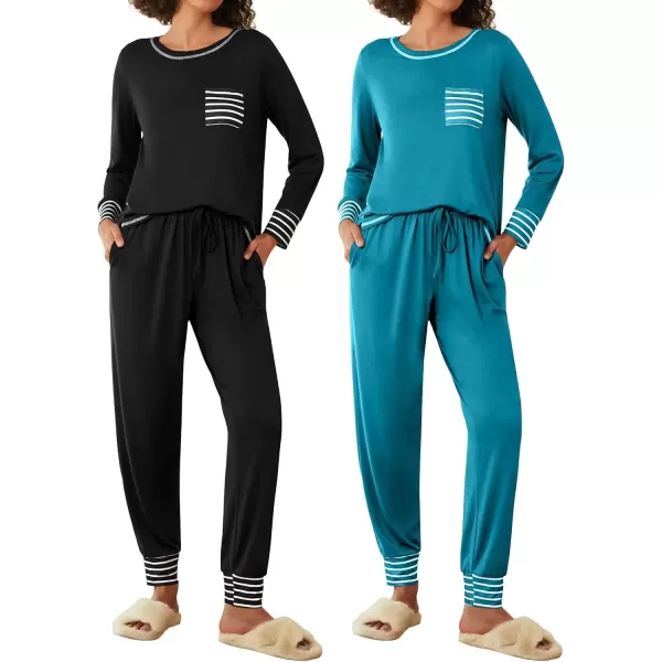 imageEkouaer 2 Pack Womens Pajama Sets Long Sleeve Lounge Sets Soft Pj Sleepwear LoungewearBlackBlue Green