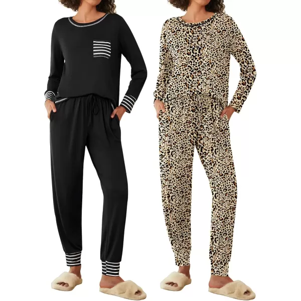 imageEkouaer 2 Pack Womens Pajama Sets Long Sleeve Lounge Sets Soft Pj Sleepwear LoungewearBlackLeopard