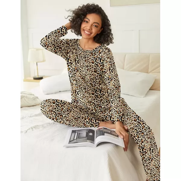 imageEkouaer 2 Pack Womens Pajama Sets Long Sleeve Lounge Sets Soft Pj Sleepwear LoungewearBlackLeopard