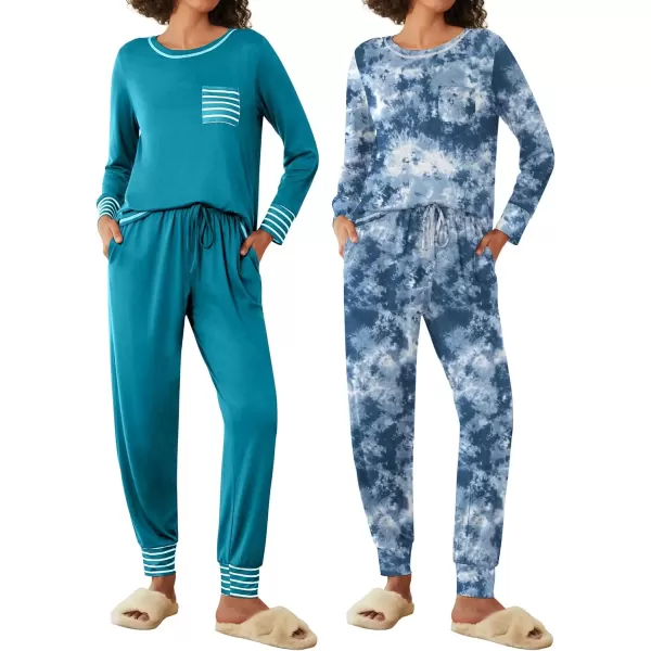 imageEkouaer 2 Pack Womens Pajama Sets Long Sleeve Lounge Sets Soft Pj Sleepwear LoungewearBlue GreenTie Dye Blue