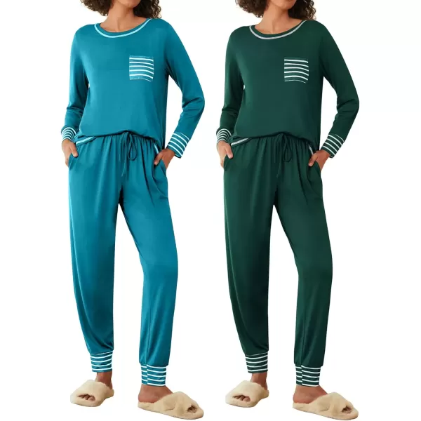 imageEkouaer 2 Pack Womens Pajama Sets Long Sleeve Lounge Sets Soft Pj Sleepwear LoungewearBugGreen