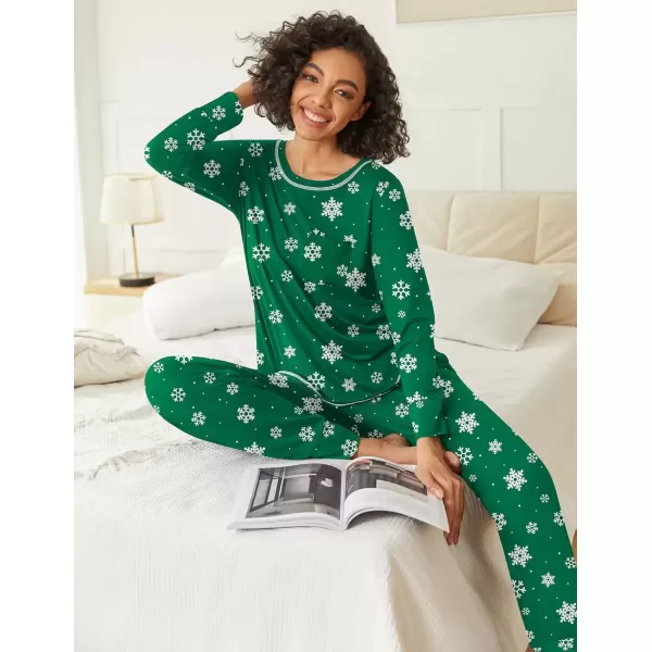 imageEkouaer 2 Pack Womens Pajama Sets Long Sleeve Lounge Sets Soft Pj Sleepwear LoungewearChristmas PrintGreen Snowflakes