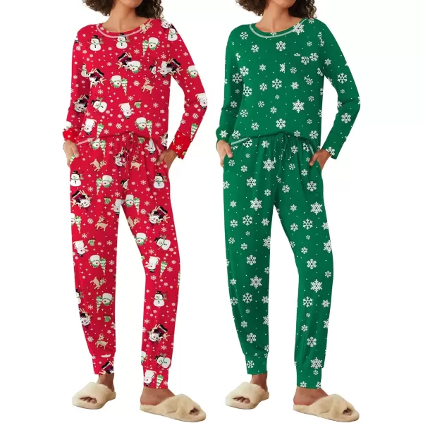 imageEkouaer 2 Pack Womens Pajama Sets Long Sleeve Lounge Sets Soft Pj Sleepwear LoungewearChristmas PrintGreen Snowflakes