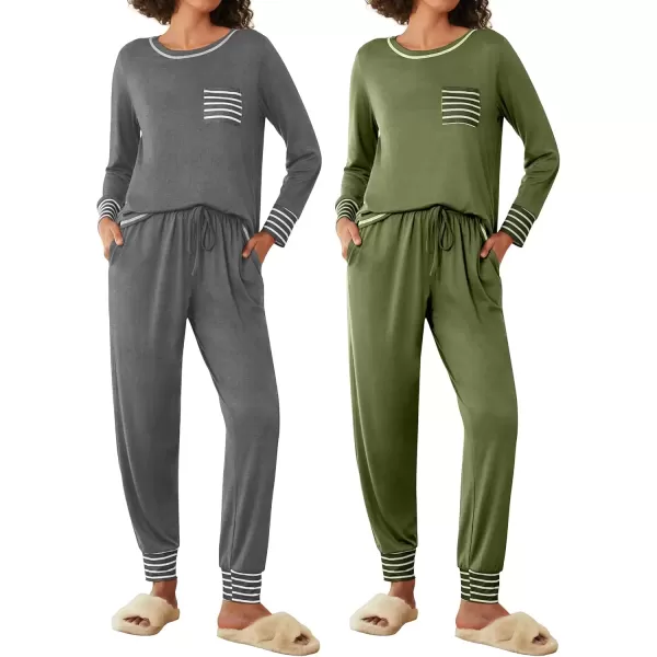 imageEkouaer 2 Pack Womens Pajama Sets Long Sleeve Lounge Sets Soft Pj Sleepwear LoungewearDeep GreyArmy Green