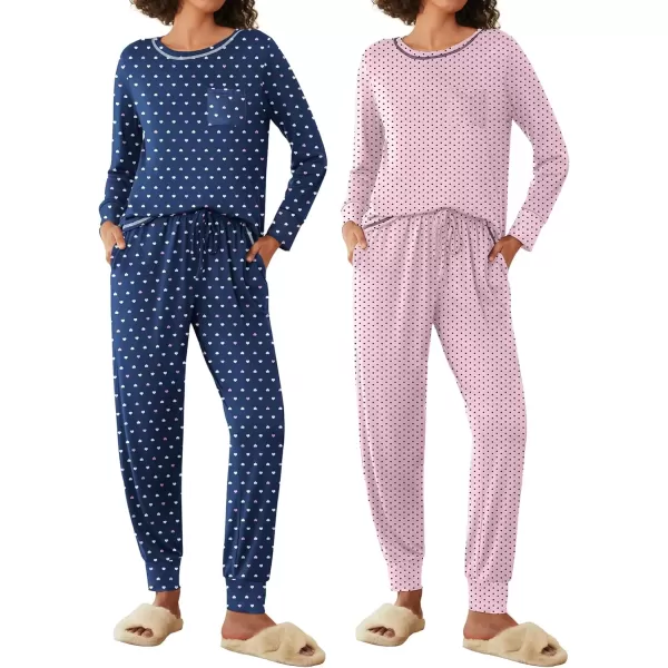 imageEkouaer 2 Pack Womens Pajama Sets Long Sleeve Lounge Sets Soft Pj Sleepwear LoungewearHeart PrintPink Point