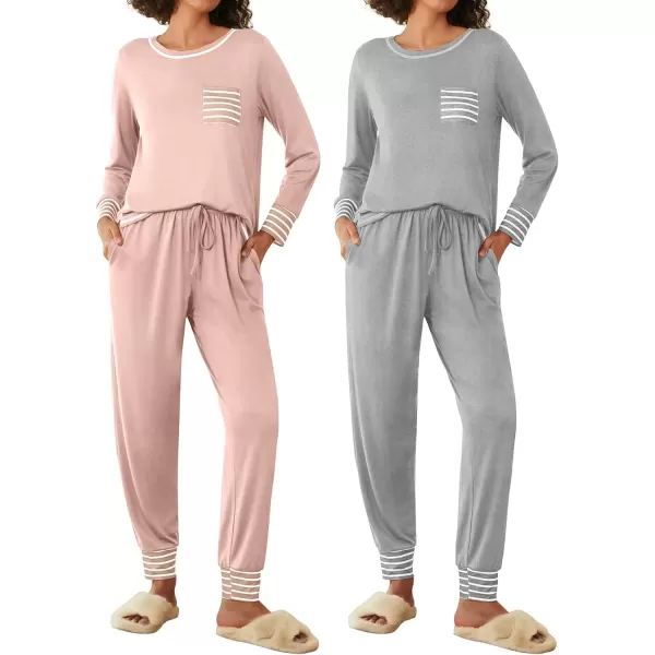 imageEkouaer 2 Pack Womens Pajama Sets Long Sleeve Lounge Sets Soft Pj Sleepwear LoungewearLotus PinkLight Grey