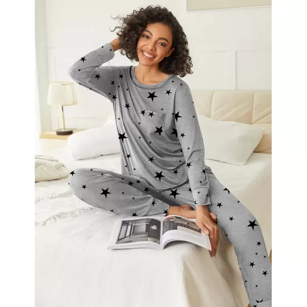 imageEkouaer 2 Pack Womens Pajama Sets Long Sleeve Lounge Sets Soft Pj Sleepwear LoungewearMiddle GreyBlack Star