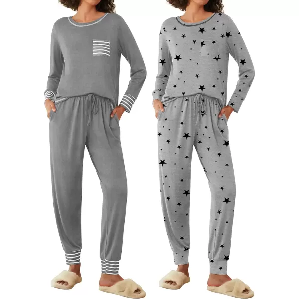 imageEkouaer 2 Pack Womens Pajama Sets Long Sleeve Lounge Sets Soft Pj Sleepwear LoungewearMiddle GreyBlack Star