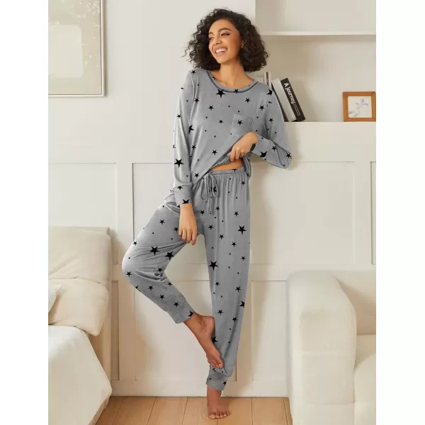 imageEkouaer 2 Pack Womens Pajama Sets Long Sleeve Lounge Sets Soft Pj Sleepwear LoungewearMiddle GreyBlack Star